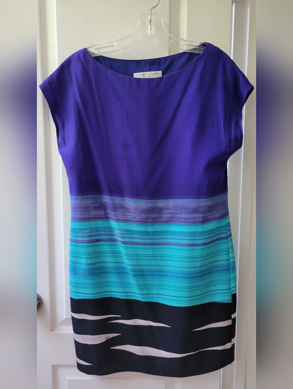 Trina Turk Purple and Teal Striped Cap-Sleeve Dress